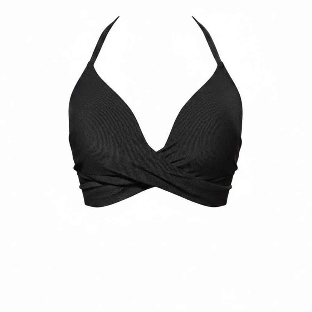 Shade‎ & Shore Black Ribbed Underwire Bikini Swim Top Halter Adjustable 34C Sexy